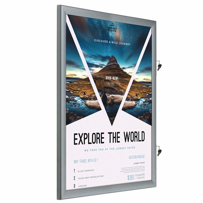 36" x 48" Slim Profile, Swing Open Poster Frame, Silver, Locking, Indoor-Outdoor - Braeside Displays