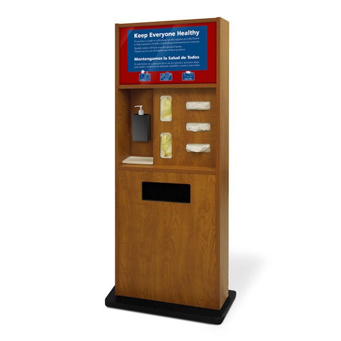 Preventionist Deluxe Six-In-One Infection Control Kiosk, Blonde Maple Finish - Braeside Displays