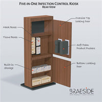 Preventionist Standard Five-In-One Infection Control Kiosk, Cherry Finish - Braeside Displays